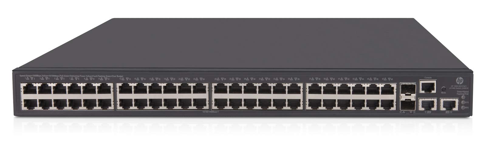 HPE 1950-48G-2SFP+-2XGT-PoE+ Switch - C3 - Managed - 48 x 10/100/1000 (PoE+) + 2 x Gigabit SFP / 10 Gigabit SFP+ + 2 x 10Gb Ethernet - Rackmount - PoE+ (370 W)