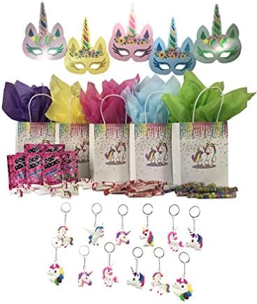 Unicorn Goodie Bags and Favors: Unicorn Mask, Key Chain, Bracelet, Smarties, Pop Rocks, Sixlets Candy, 12 Bags/25 Tissue Paper, 96 Favors Bundle
