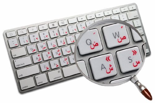 APPLE ARABIC STICKER FOR KEYBOARD WITH RED LETTERING ON TRANSPARENT BACKGROUND FOR DESKTOP, LAPTOP AND NOTEBOOK