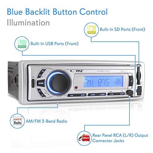 Pyle Marine Bluetooth Stereo Radio 12v Single DIN Style Digital Boat In dash Radio Receiver
