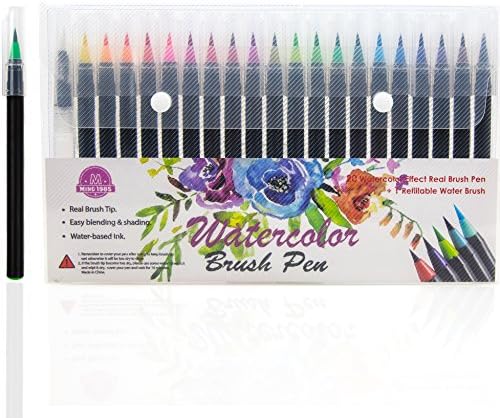 Watercolor Brush Pens Paint Set: Non Toxic Ink Water Color Markers for Coloring, Painting, Calligraphy or Art Lettering-Refillable Waterbrush & 20 Fine Tip Colored Marker Brushes for Adults or Kids