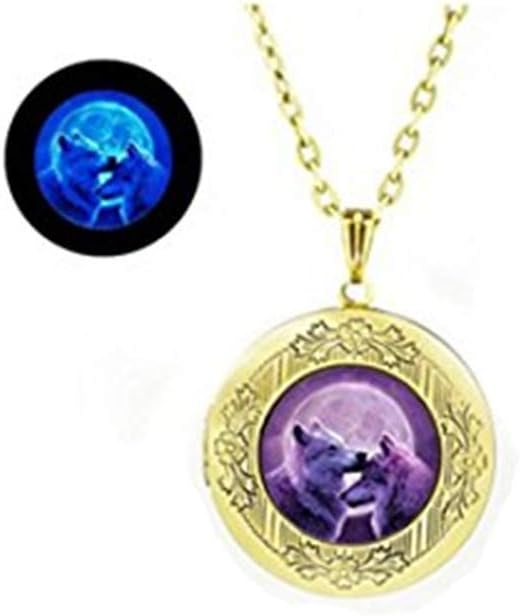 Glowing Moon Wolf Locket Necklace,Glass Locket Pendant,Glow in The Dark,Glowing Locket Jewelry