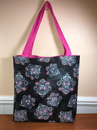 Black and Pink Sugar Skulls Tote Bag, Project Bag, Travel Tote Bag