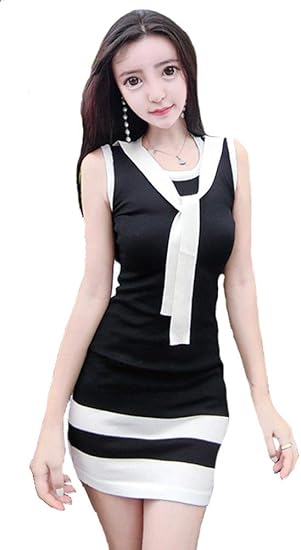 Amazon Kimberley ワンピース ノースリーブ ミニ 黒 ニット バイカラー ボウタイ タイト ボディコン セクシー サマーワンピ キャバ嬢 ワンピース チュニック 通販