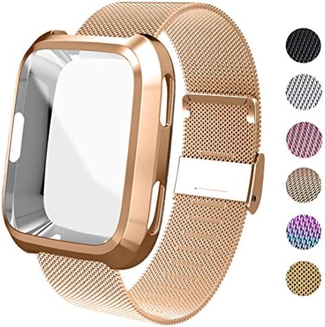 UHKZ Compatible for Fitbit Versa Bands, Stainless Steel Mesh Sport Metal Wristband Loop Accessories for Women Men with Fitbit Versa Screen Protector Case Compatible for Fitbit Versa Smartwatch