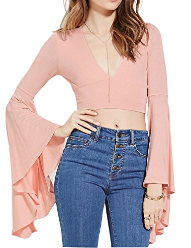 Mantos Eternity Women's Deep V Neck Bell Sleeve Sexy Crop Top Blouse
