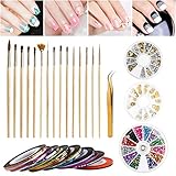 ETEREAUTY Nail Art Kit Includes 15 Nail Art Brushes, 30 Rolls Striping Tape, Rhinestones, Studs, Tweezers