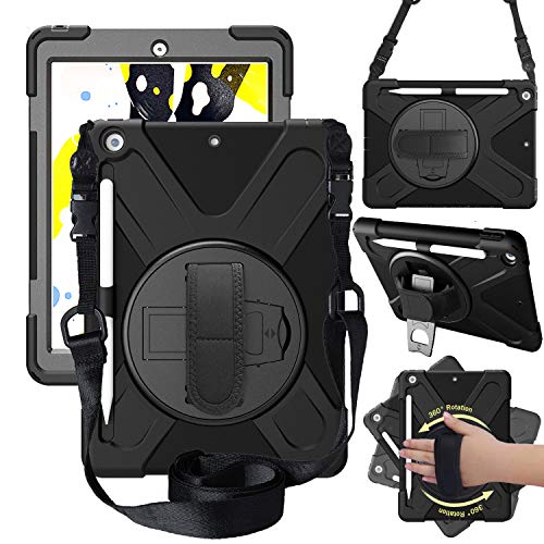 CWNOTBHY iPad 7th Generation Case, iPad 10.2 2019 Case, Heavy Duty Shockproof Protective Case with 360 Rotate Stand/Hand Strap/Shoulder Strap for ipad 7th Gen 10.2 Inch 2019, Black