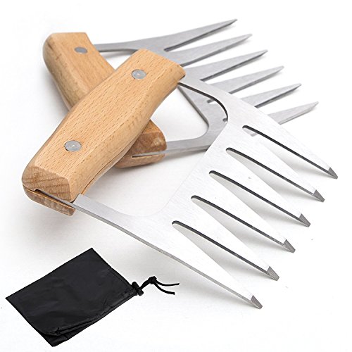 HOUSWOUKER 18/8 Stainless Steel Meat Claws,Original Shredder Claws With Wood Handle For Shredding, Pulling, Handing, Lifting & Serving Pork, Turkey, Chicken, Brisket,One Storage Bag