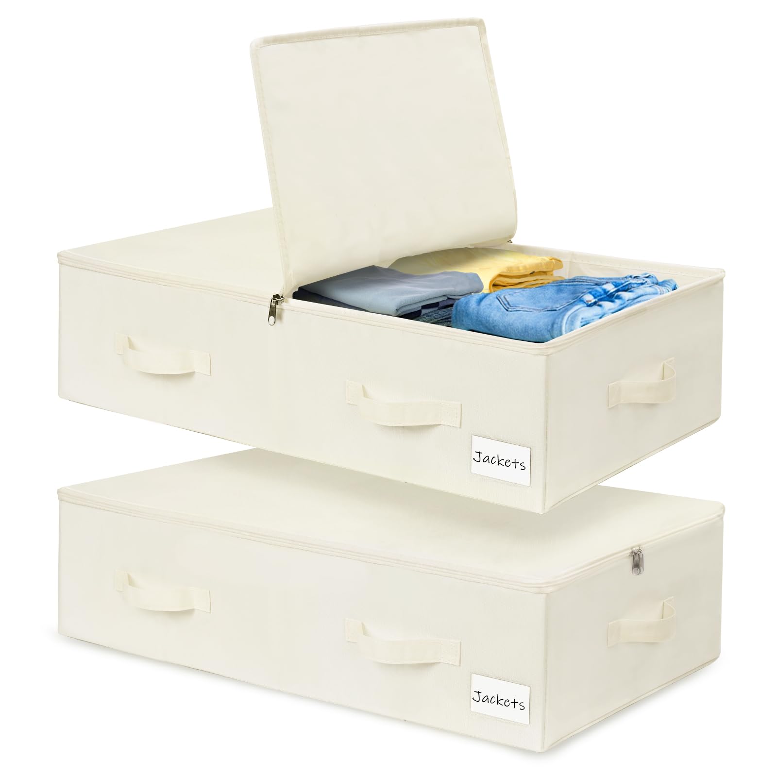 Vmglgig Underbed Storage Boxes, 2 Pack Large Under Bed Storage Boxs with Lid, Foldable Clothes Storage Boxes Under Bed Storage Organiser Bags for Clothes, Comforters, Blanket, Bedding (Beige)