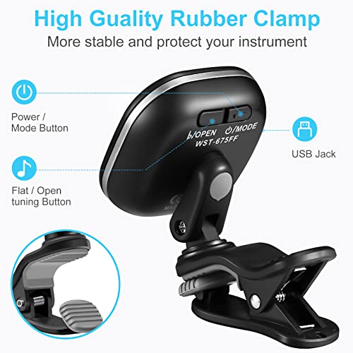 LEKATO Guitar Tuner Rechargeable, Clip-on Chromatic Tuner with Color Screen for Acoustic/Electric Guitar, Bass, Ukulele, Violin, Bright Display