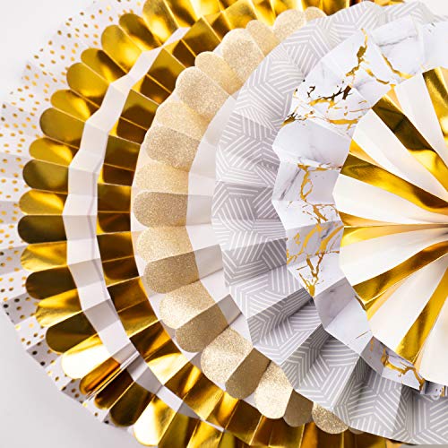 PapaKit Origami Wall Decoration Set (8 Assorted Round Paper Fans) Birthday Party Baby Shower Wedding Events Decor | Creative Art Design Pattern (Ivory & Marble with Metallic Gold Accent, 8 Piece Set) - Thumbnail 4