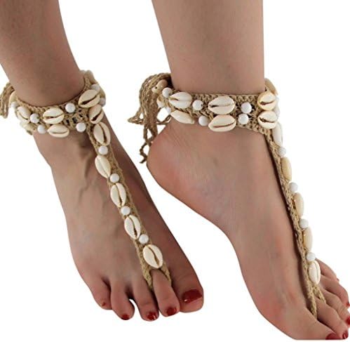 Yeefant Boho Weave Rope Bead Anklet Sandal Beach Adjustable Shell Anklet With Beads Beach Jewelry for Women Mother Birthday Gift,Beige