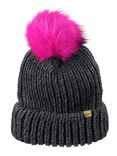 D&Y Bright Colored Chunky Knit Cuffed Style Beanie with Faux Fur Pom Finish Skull Cap, Charcoal Grey