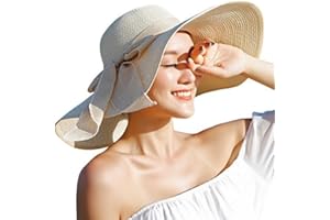 Lanzom Womens 5.7 Inches Big Bowknot Straw Hat Large Floppy Foldable Roll up Beach Cap Sun Hat UPF 50+