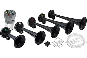 Vixen Horns LOUD 5/Five Trumpet La Cucaracha Musical/Music Sound Air Horn with Compressor Full Complete System/Kit Black 12V VXH6803B