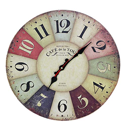 Tuscan Wall Clock, Petforu Fashion 14 Inch Vintage France Paris Colourful French Country Tuscan Style Non-Ticking Silent Paris Wood Wall Clock Arabic Numbers - Thumbnail 4