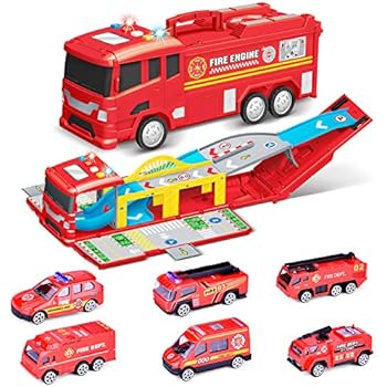 FunLittleToys Fire Truck Toy Car Carrier Truck with Lights Sounds and 6 Diecast Metal Car Toys for 2 3 4 5 Year Old Boys