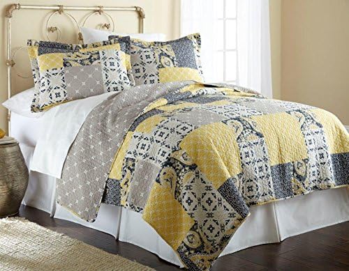 Amrapur Overseas | Aalia 100% Cotton 3-Piece Reversible Quilt Set (Yellow/Grey, Full/Queen)