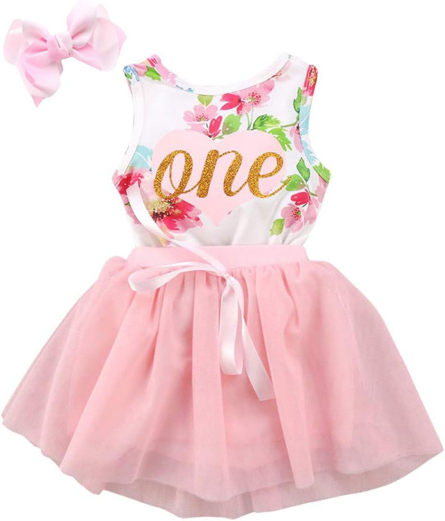 Baby Girl Summer Outfits 1st Birthday Romper Top Sleeveless Floral Tutu Skirt Clothing Set