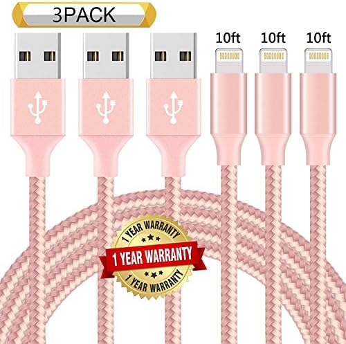Ulimag Lightning Cable 3Pack 10FT Nylon Braided Certified iPhone Cable USB Cord Charging Charger for iPhone X, 8, 8 Plus, 7, 7 Plus, 6s, 6s Plus, 6, 6 Plus, SE, iPad (Pink)