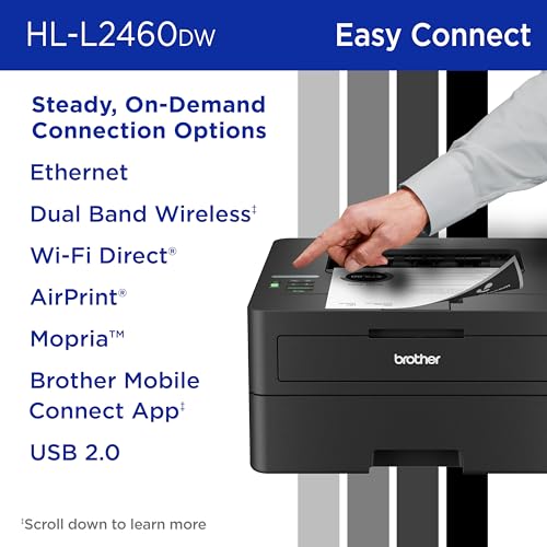 Brother HL-L2460DW Wireless Compact Monochrome Laser Printer with Duplex, Mobile Printing, Black & White Output | Includes Refresh Subscription Trial(1), Works with Alexa