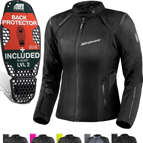 SHIMA RUSH Motorbike Jackets for Women AIRFORCE Back Protector Armour Riding Motorcycle Jacket Summer Winter Bikers Waterproof Lightweight Armoured Motorcycles (Womens, Jacket Regular, Black, XL)