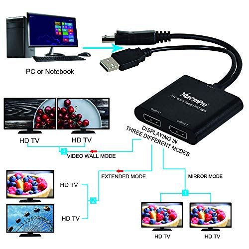 XtremPro 2 Ports DisplayPort MST Hub Splitter Support HDCP, SST, and Extended MST, 3840x2160P@30Hz - Black (61072)