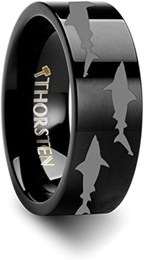 Shark Predator Fish Sea Print Pattern Ring Engraved Flat Black Tungsten Ring - 4mm - 12mm