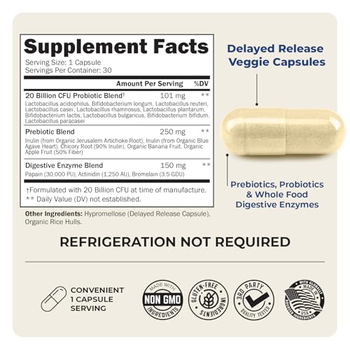 Advanced Prebiotics and Probiotics for Women & Men, Immune, Digestive & Gut Health with L. Reuteri, Inulin Fiber, Digestive Enzymes, Non-GMO, Gluten-Free, Dairy-Free, 30 Capsules