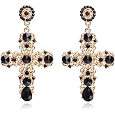 14K Gold Plated Earrings Large Cross Dangle Earrings Vintage Rhinestone Pearl Drop Big Earrings Easter Halloween Prom Jewelry for Women