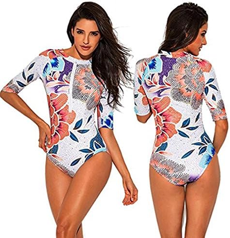 Clearance! Women Swimwear, Neartime Long Sleeve Skinny Bikini Zipper Beachwear UV Protection Print Surfing Swimsuit (❤️AsianXL, White)