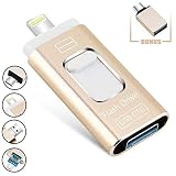 3 in 1 USB Flash Drives for iPhone and iPad 128GB,FAJUNYU iOS Flash Drive Memory Stick Expansion for iPhone,iPad,MacBook,Android,PC and More Devices with USB Port (Gold) (128GB)