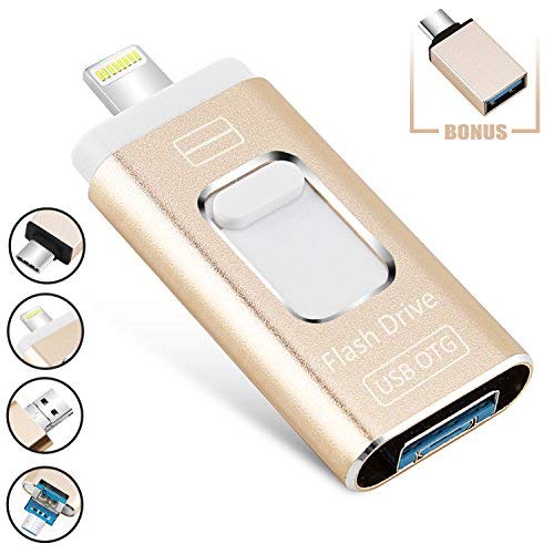 3 in 1 USB Flash Drives for iPhone and iPad 128GB,FAJUNYU iOS Flash Drive Memory Stick Expansion for iPhone,iPad,MacBook,Android,PC and More Devices with USB Port (Gold) (128GB)