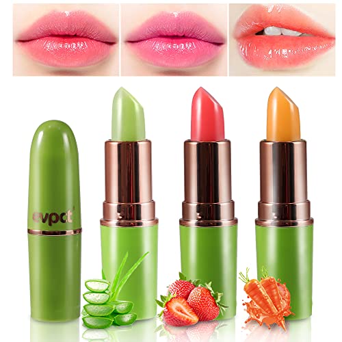 3 Pcs Aloe Vera Carrot Strawberry lipstick Color Changing Lipstick PH Lipstick Lip Balm ,Rich in Vitamin E for All-Day Moisture,Temperature Change Long Lasting Moisturizer Waterproof labiales Set2