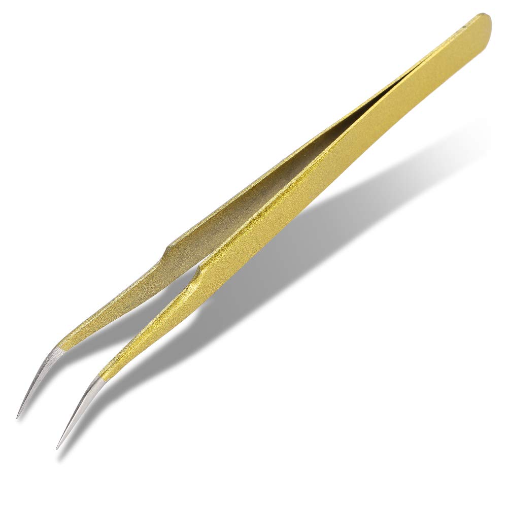2pcs Tweezers for Eyelash Extension Eyebrow Ingrown Hair High Precision Gold Stainless Steel Curved and Straight Pliers Forceps Set (Curved)