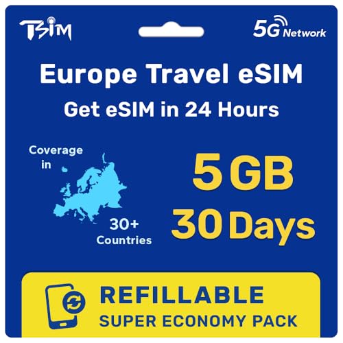 eSIM for Europe Travel 30 Day 5GB for 36 Countries | Refillable Super Economy Pack | Get eSIM in 24 Hours | High Coverage Multi-Operator 5G Network | Auto-Activating | Hotspot Allowed | Data Only