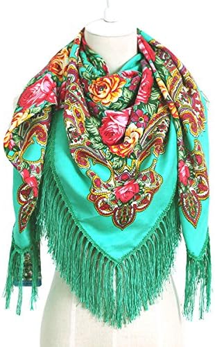 Women Scarf Vintage Trendy Fringe Big Square Long Blanket Scarf Warm Floral Scarves Shawl (Green & Large)