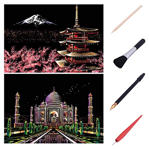 XiaoXT Scratch Art Paper Rainbow Painting Sketch Pad DIY Night View Scratchboard for Adults and Kids - 2 Packs, 16 X 11.2 Inches (Mount Fuji+Taj Mahal)