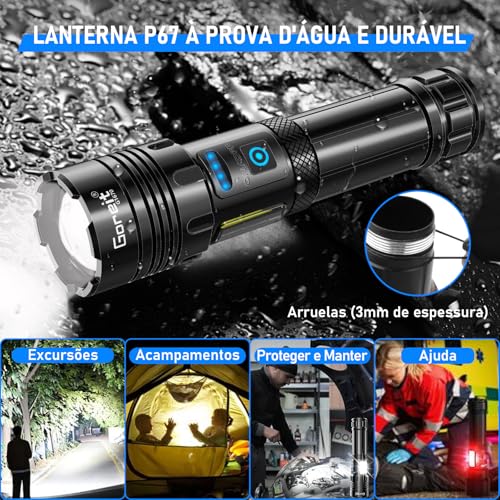 Lanterna Led Recarregável 10000Lúmen, Lanternas Tatica Militar Há 7 Modos, XHP90.2 Chip, lanternas Potente Zoom de Longo Alcance, Lanternas Para Acampamento, Pesca Emergências, Super Lanterna USB LED