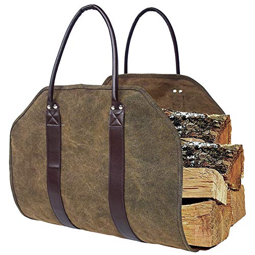 Nrpfell Outdoor Leather Tote Camping Carry Bag Canvas Firewood Carrier Log Storage Bag Package Handles Bag Firewood Bag Home Kitchen Supplies