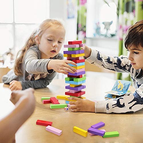 Wooden Stacking Board Games for Kids Adult and Families, Gentle Monster Wooden Blocks Toys for Toddlers, Colored Building Blocks - 54 Pieces in 6 Colors with 2 Dices
