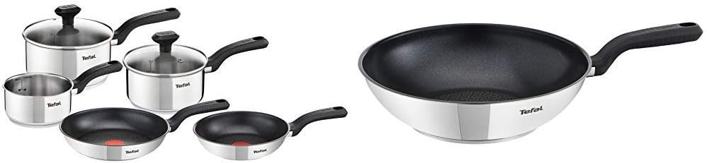 Tefal 5 Piece, Comfort Max, Stainless Steel, Pots and Pans, Induction Set & Comfort Max Stainless Steel Non-stick Wok, 28 cm - Silver
