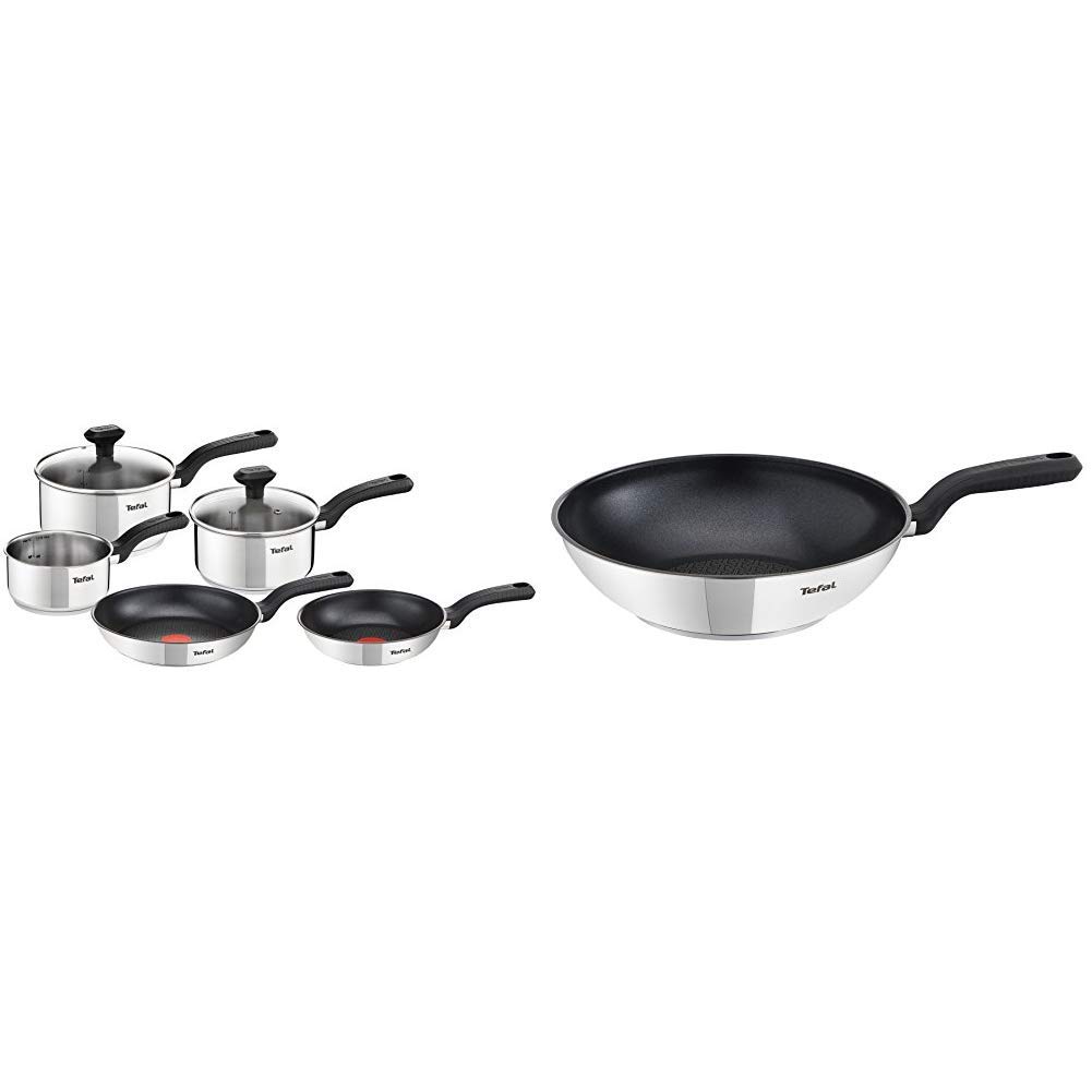Tefal 5 Piece, Comfort Max, Stainless Steel, Pots and Pans, Induction Set & Comfort Max Stainless Steel Non-stick Wok, 28 cm - Silver