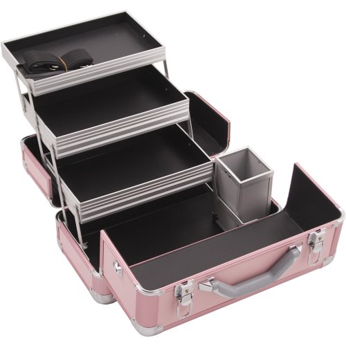 HIKER Makeup Train Case HK3101 Professional Aluminum, 3 Tier Tray and Brush Holder, Locking with Shoulder Strap, Pink Matte