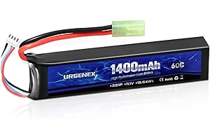 URGENEX Airsoft Battery 11.1V 1400mAh 60C High Discharge Rate Lipo Pack with Mini Tamiya Plug Rechargeable 3S Lipo Battery for Airsoft Model Guns