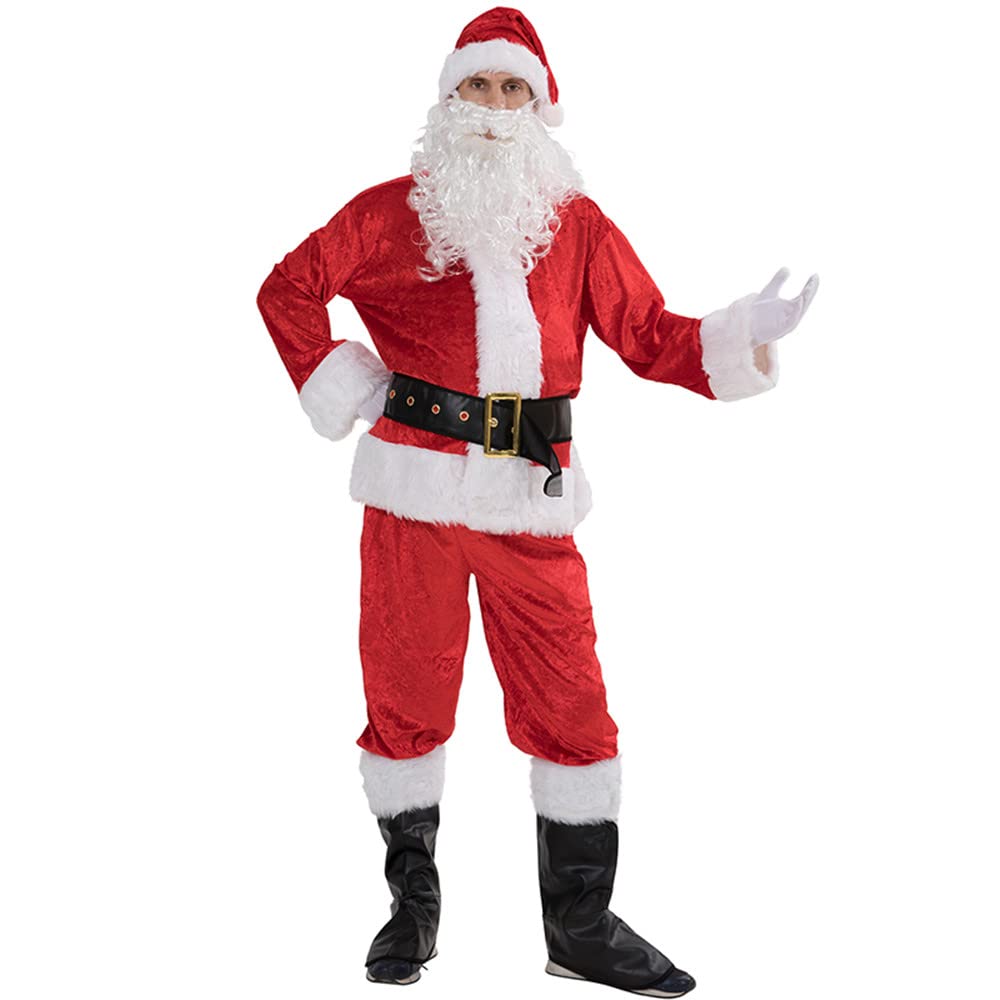 EraSpooky Men Christmas Santa Costumes Adult Xmas Claus 7pcs Flannel Classic Suit Fancy Dress Outfit Regular