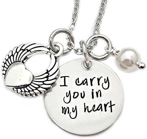 Carry You in My Heart Winged Heart Memorial Necklace - Hand Stamped Jewelry