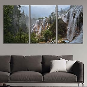 3 Panel Canvas Wall Art - Landscape Waterfall on The Cliff in Mountains - Giclee Print Gallery Wrap Modern Home Art Ready to Hang - 16"x24" x 3 Panels