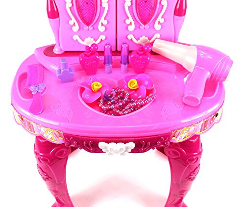 Magical Princess Jewelry Stand Pretend Play Battery Operated Toy Beauty Mirror Vanity Play Set w/ Flashing Lights, Sounds, Hair Dryer, Accessories